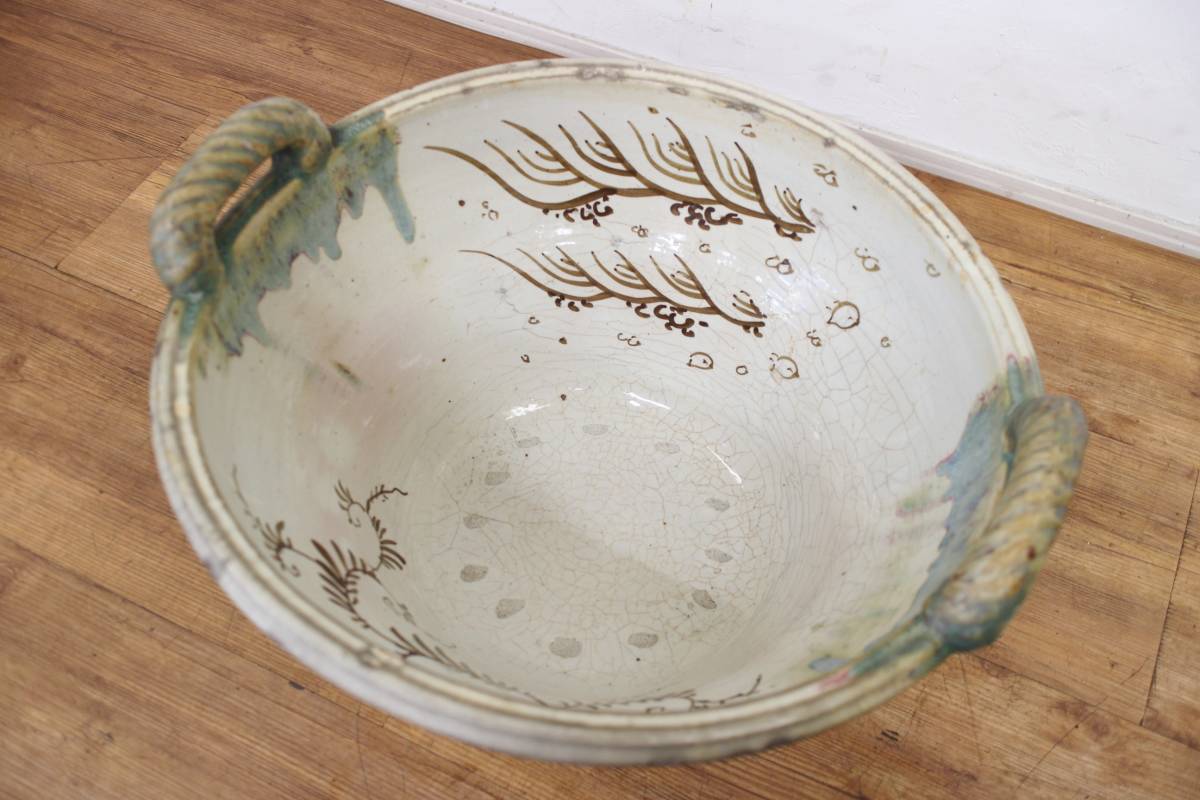 時代 織部焼 鉢睡蓮鉢 金魚鉢 めだか メダカ鉢 ビオトーブ 直径58.5  