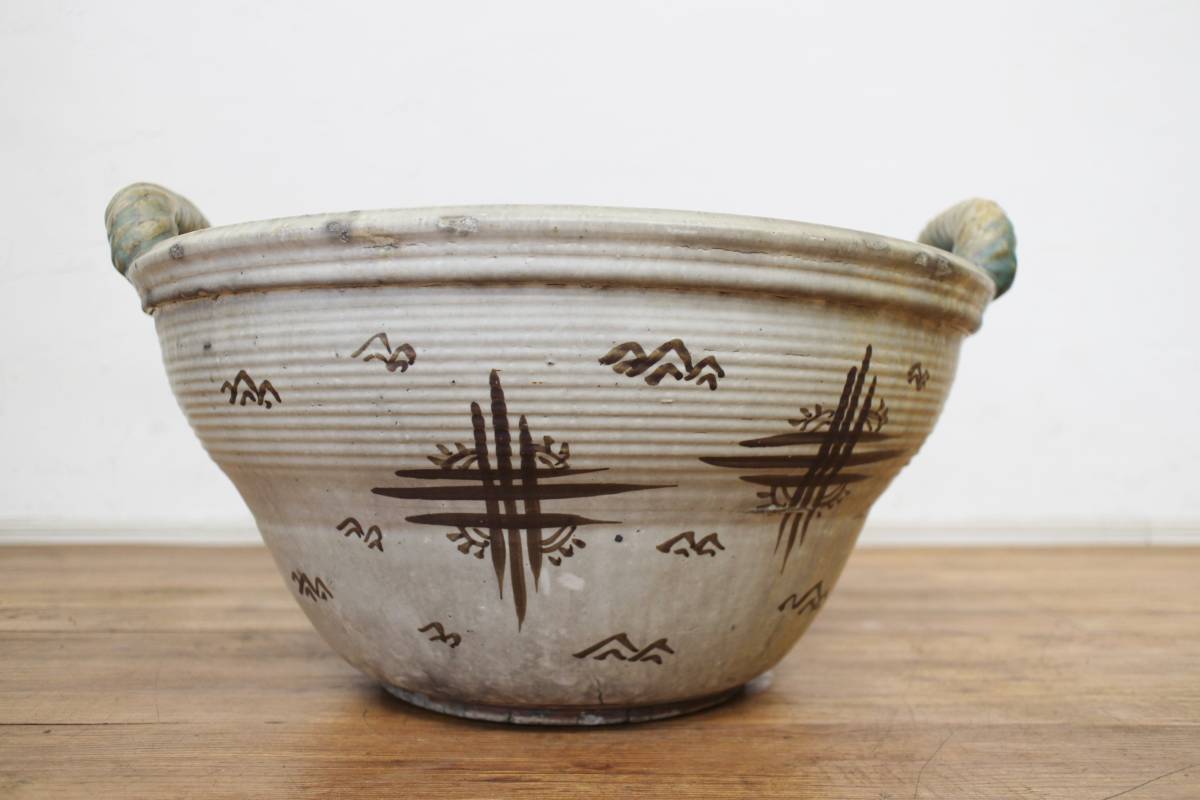 時代 織部焼 鉢睡蓮鉢 金魚鉢 めだか メダカ鉢 ビオトーブ 直径58.5  