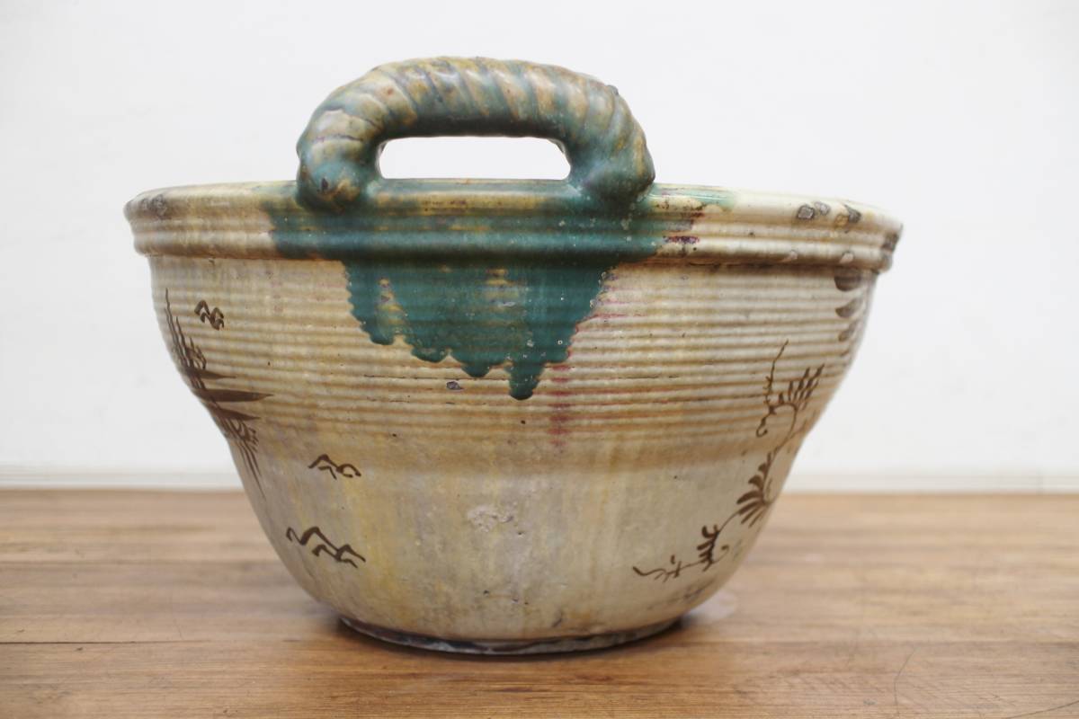 時代 織部焼 鉢睡蓮鉢 金魚鉢 めだか メダカ鉢 ビオトーブ 直径58.5  