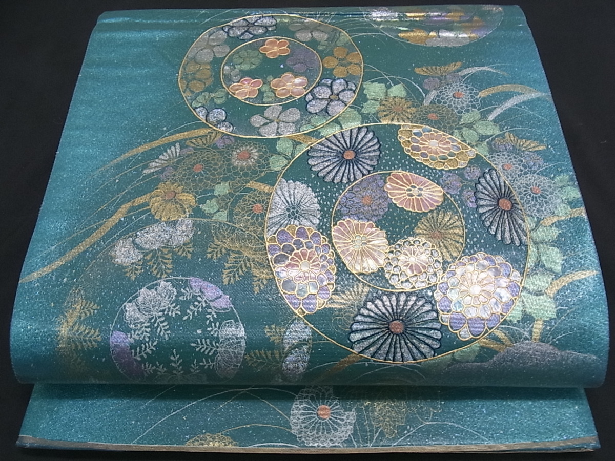 花美人着物□六通柄袋帯 螺鈿 花絵皿 金銀彩 逸品 n2472 袋帯 帯