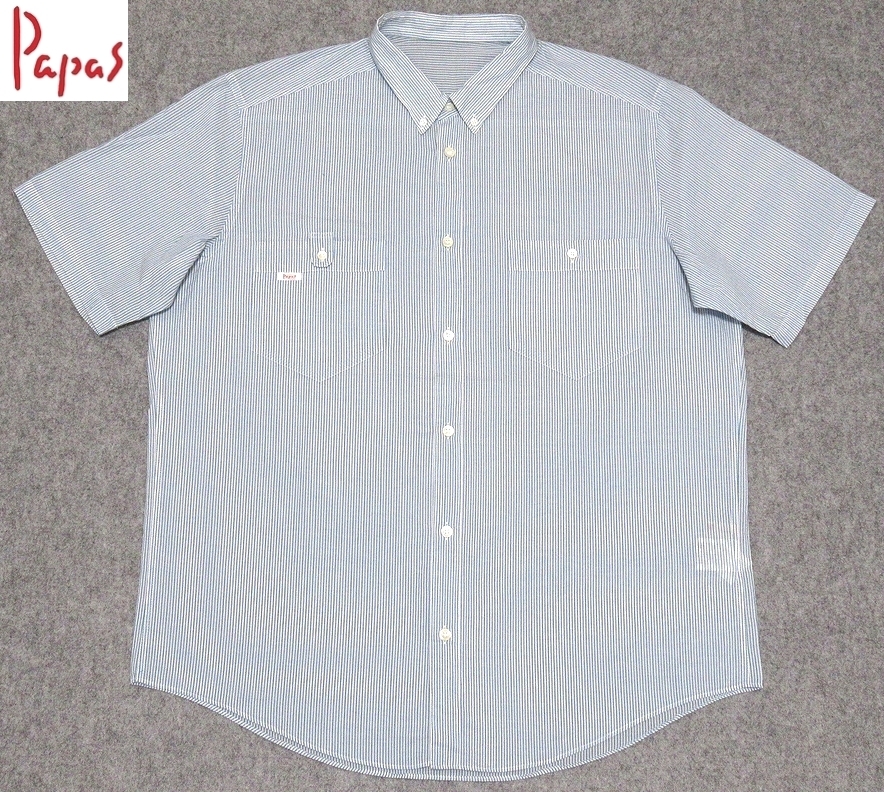 極美品 Papas パパス ストライプ コットン ボタンダウン 半袖シャツ シェルボタン 50(L) 日本製 メンズ