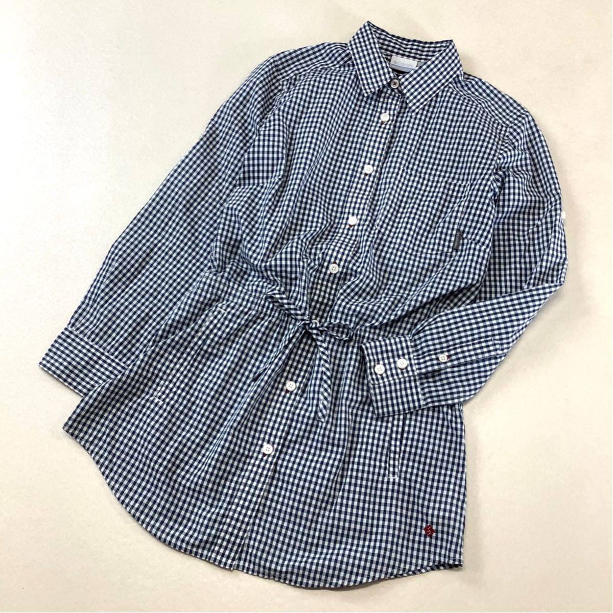 美品 Columbia コロンビア チェック柄 シャツワンピース レディース Mサイズ ネイビー アウトドア キャンプ