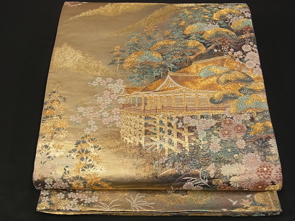 着物屋こころ■六通柄袋帯　風景文　清水寺　金糸　引箔　正絹　逸品　ey1036