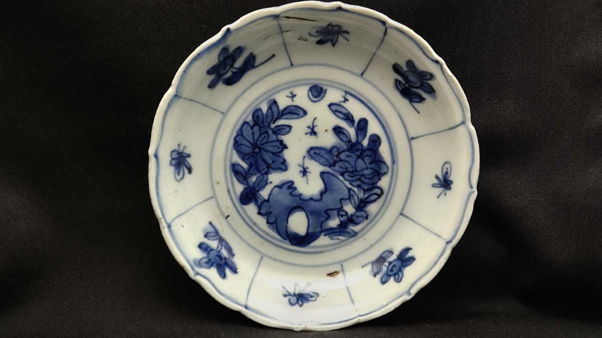 中国明時代　古染付芙蓉手　中皿　幅約19.8㎝　トヒト　東さ8-0711☆2F ☆拾選☆ 古染付 中皿 ( 芙蓉手・草花文 ) ／ 明末～清初 古染付 芙蓉