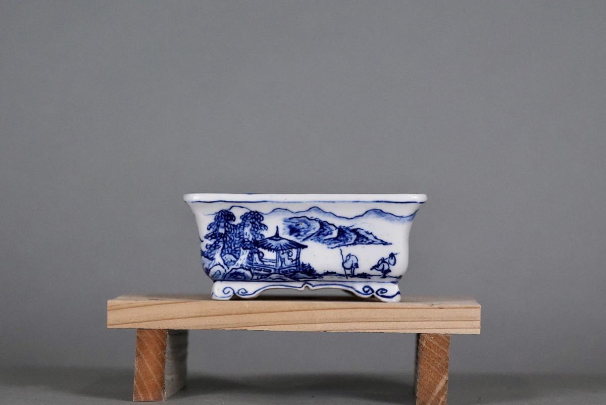 盆栽鉢　上州勝山　染付山水図外縁長方鉢12.1x10.5x3.6cm 小品盆栽鉢 上州勝山 染付山水 長方鉢 時代付 初期作 植木鉢(鉢)｜売買