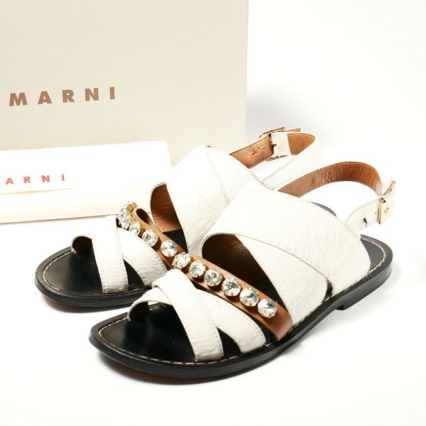 新作入荷，爆買い GK6198 定価 6.2万円 MARNI マルニ 37 24cm相当 ハラコ&times;レザー ビジュー ストラップサンダル フラットシューズ 靴 ホワイト/ブラウン/黒(その他)｜売買されたオークション情報、yahooの商品情報 女性用