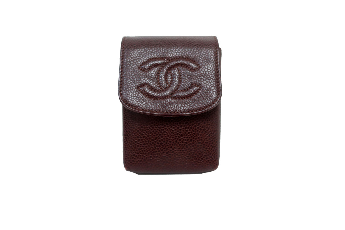 1円 シャネル CHANEL シガレットケース キャビアスキン ブラウン CCマーク ココマーク ポーチ マルチケース 茶