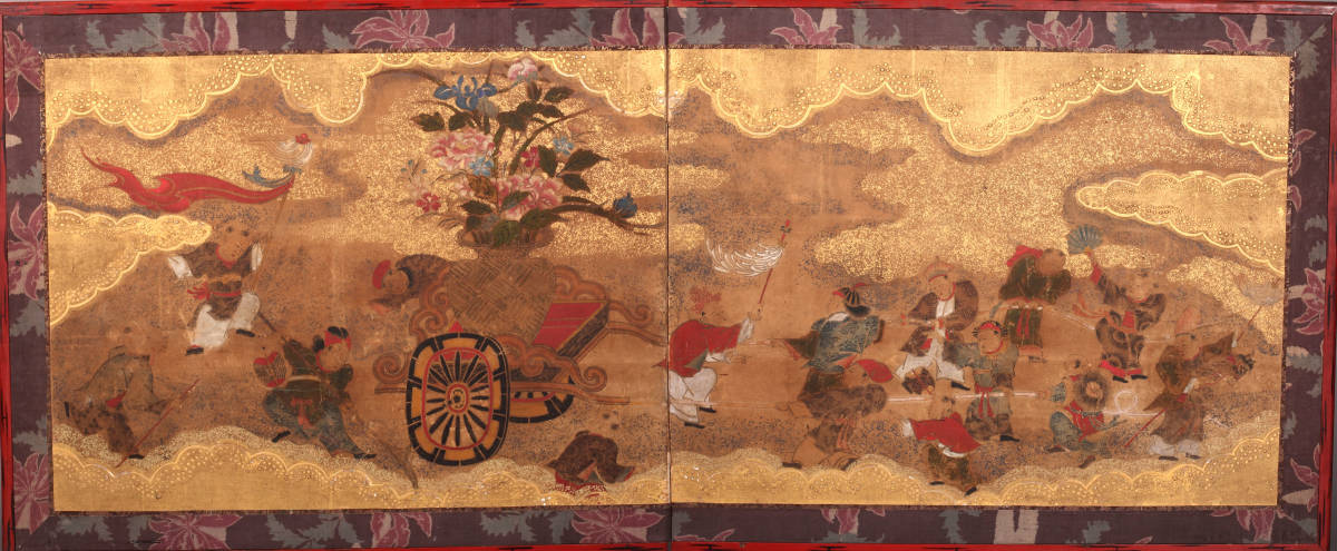 花車図屏風、超希少・大判画集画、新品高級額装付 花車図屏風、超