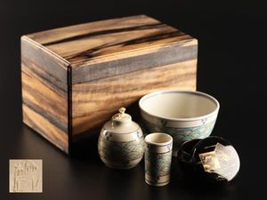 F1329 木製 茶道具箱 黒柿 瓢摘み 瓢箪形 摘み 茶箱 色紙箱 器局 【