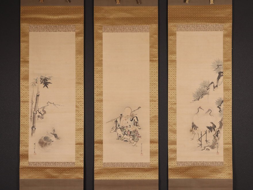 模写】【1円開始】【伝来】nw2849〈狩野晴川院養信〉三幅対 寿老人唐子