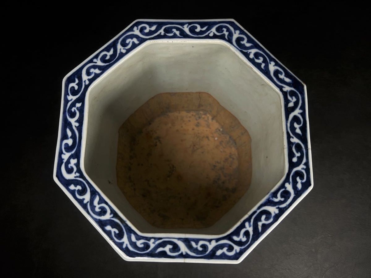 中国古玩 中国 青華 染付 花 唐草紋 火鉢 青花 瓶掛け 時代唐物 中国