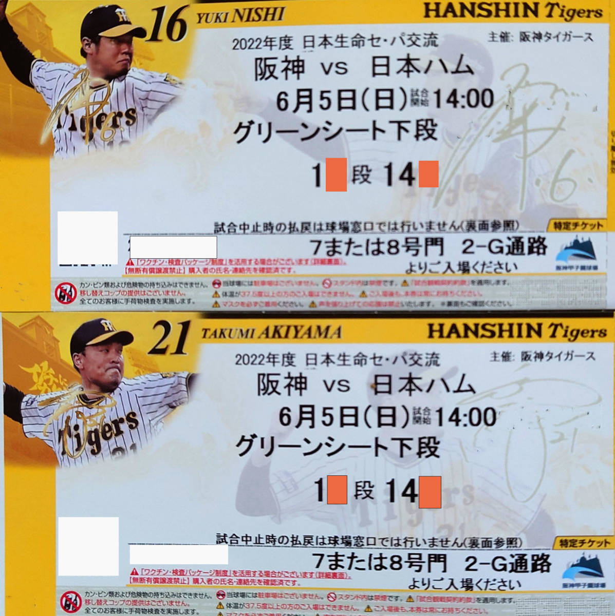 6月5日 阪神vs日ハム グリーン下段 良席 ペアチケット の入札履歴 