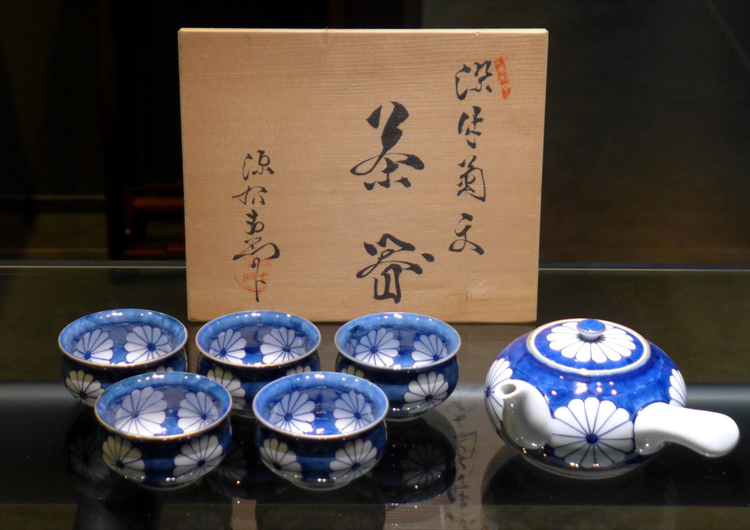 1716 源右衛門窯 青彩菊絵 茶器セット 急須1客 湯呑5客 未使用