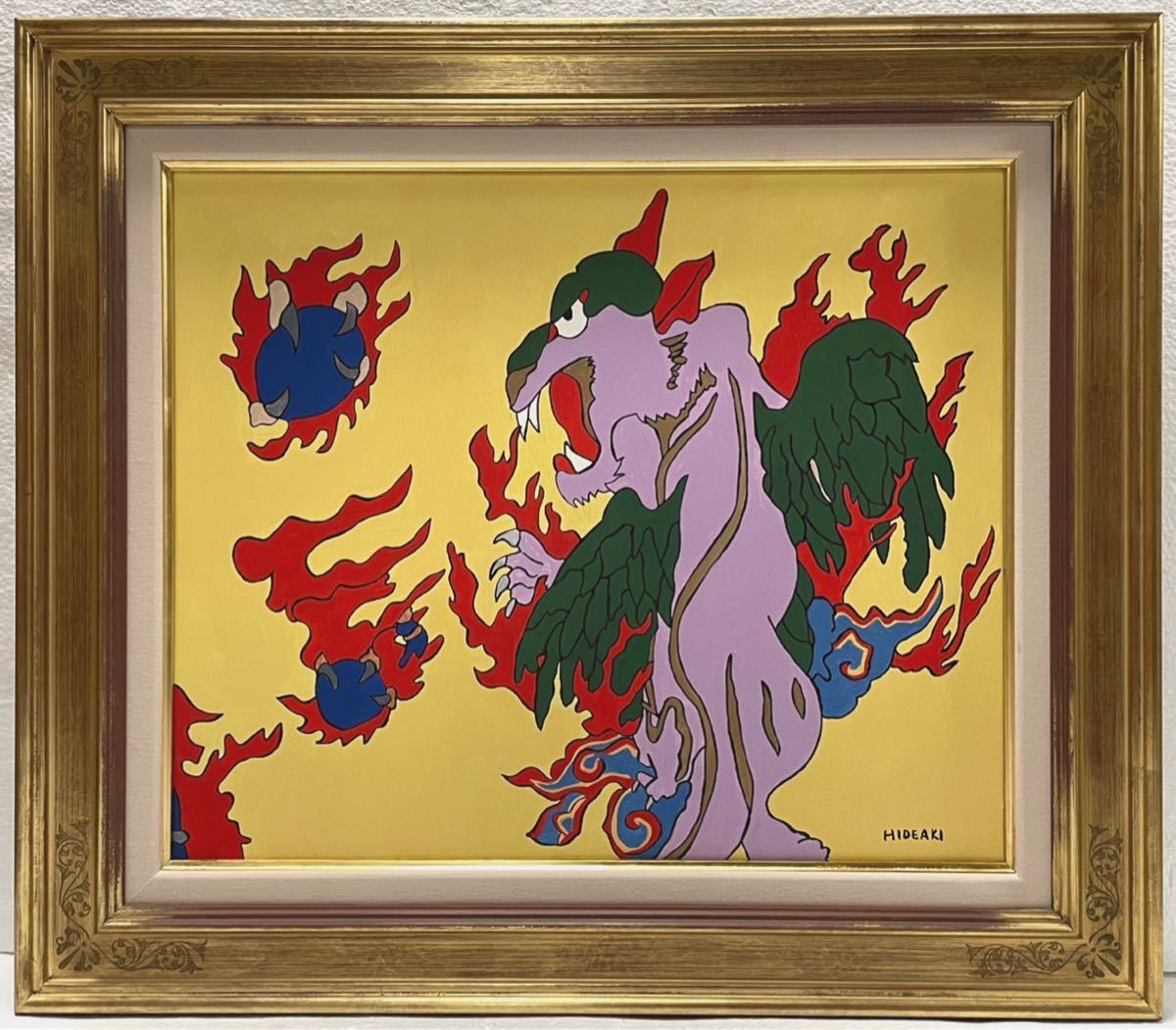 F8号】手描き作品【即決】ジミー大西：模写【雷雨】1997：額縁：額装