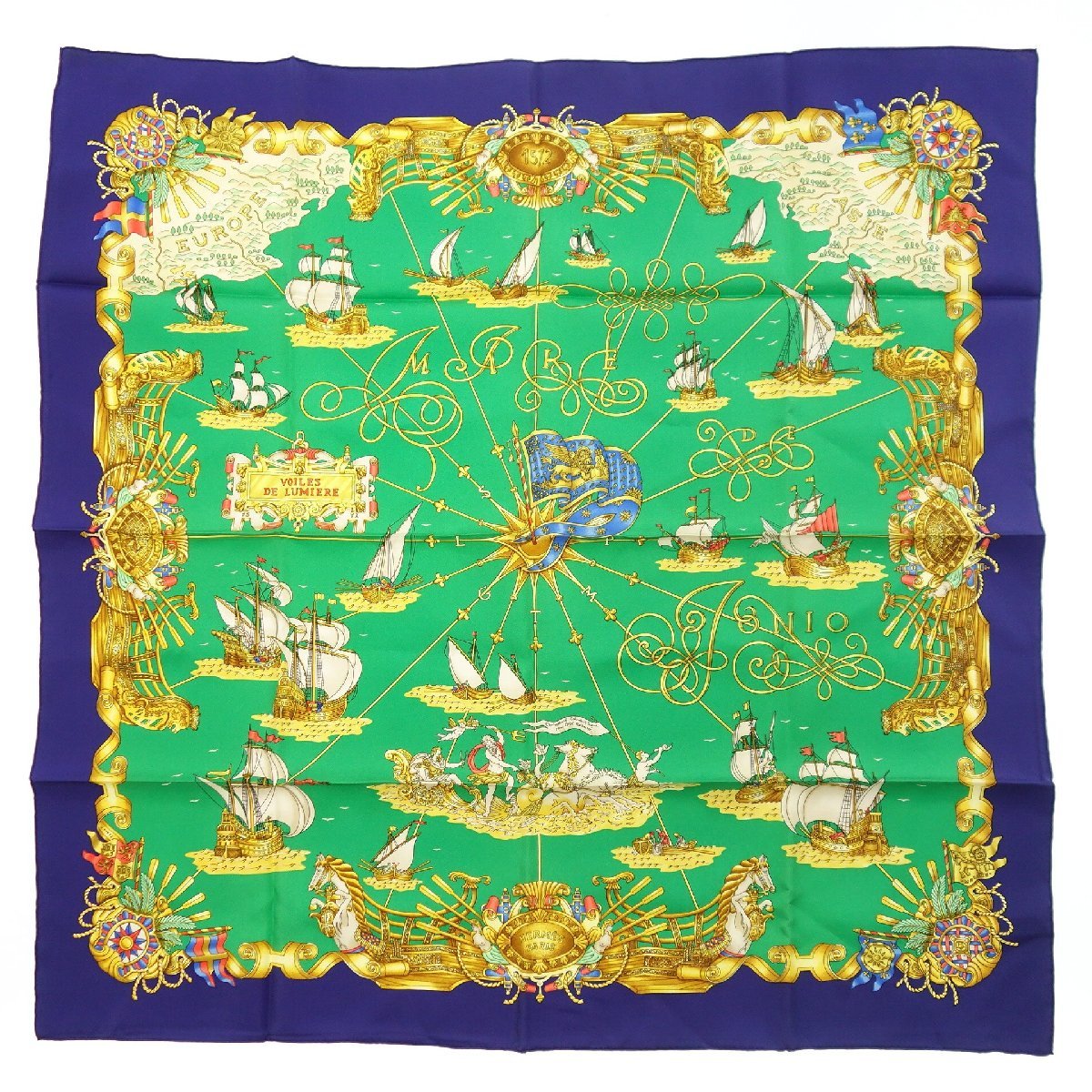 極美品◇エルメス カレ90 スカーフ VOILES DE LUMIERE 光の帆船 ホース