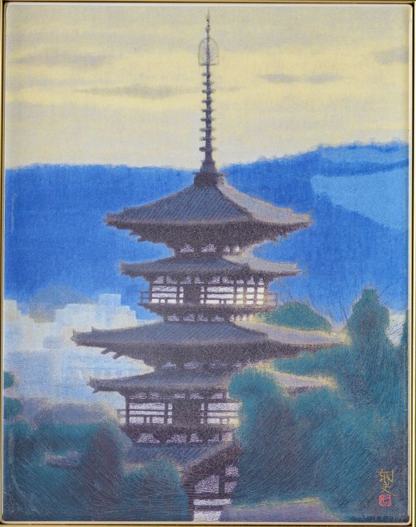 □ 平山郁夫|薬師寺東塔|陶板画|発行シール付|検:東山魁夷,杉山寧,師