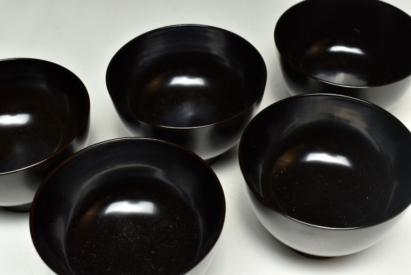 蔵c8441】黒塗内朱 木製 花唐草文 蒔絵 吸物椀 五客 吸物