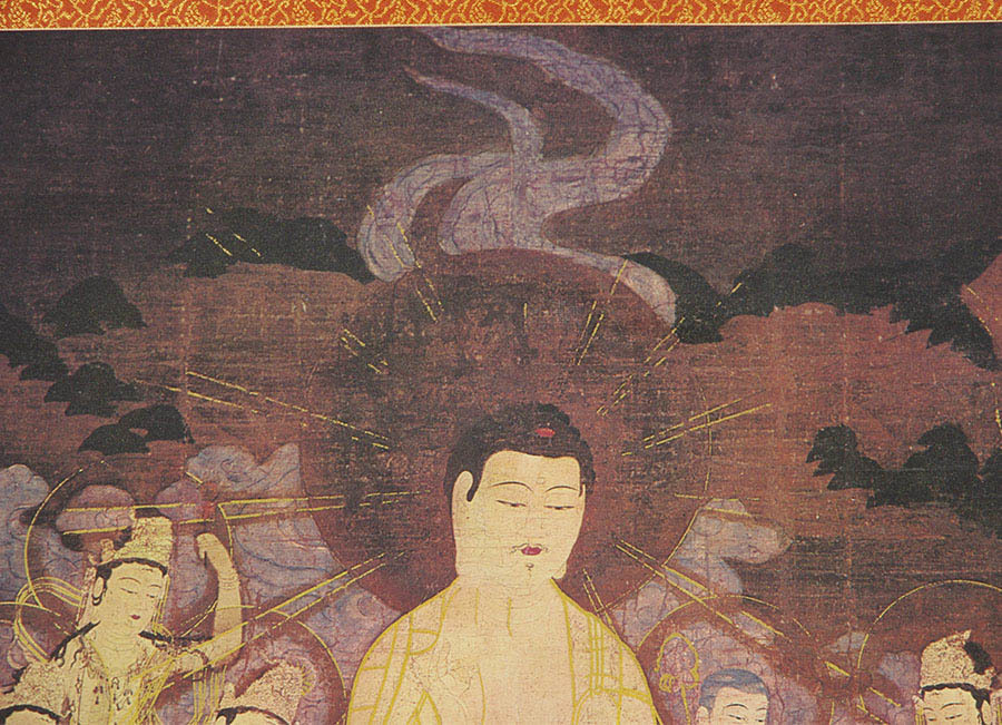 複製 『 国宝 山越阿弥陀図 』 工芸 複製 絹本 共箱 書画 掛軸 『 国宝