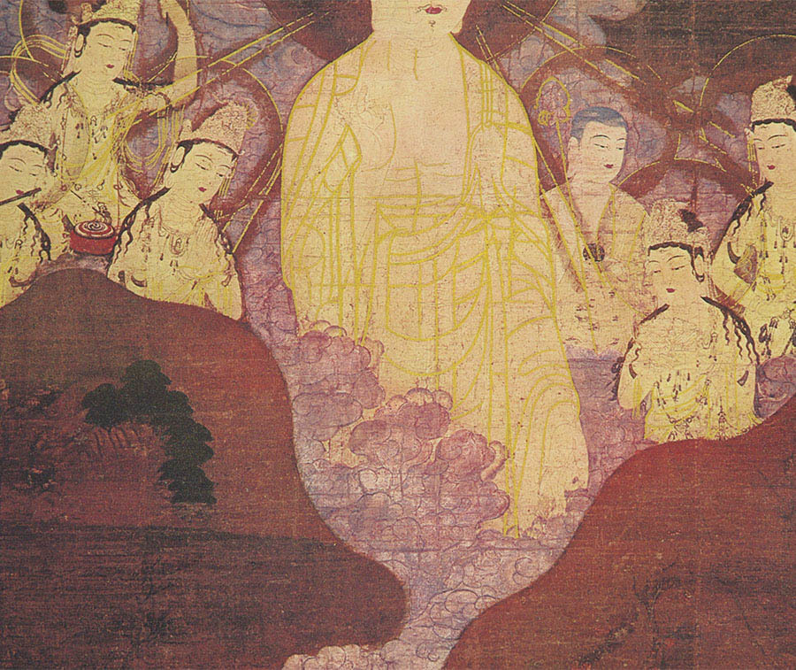 複製 『 国宝 山越阿弥陀図 』 工芸 複製 絹本 共箱 書画 掛軸 『 国宝