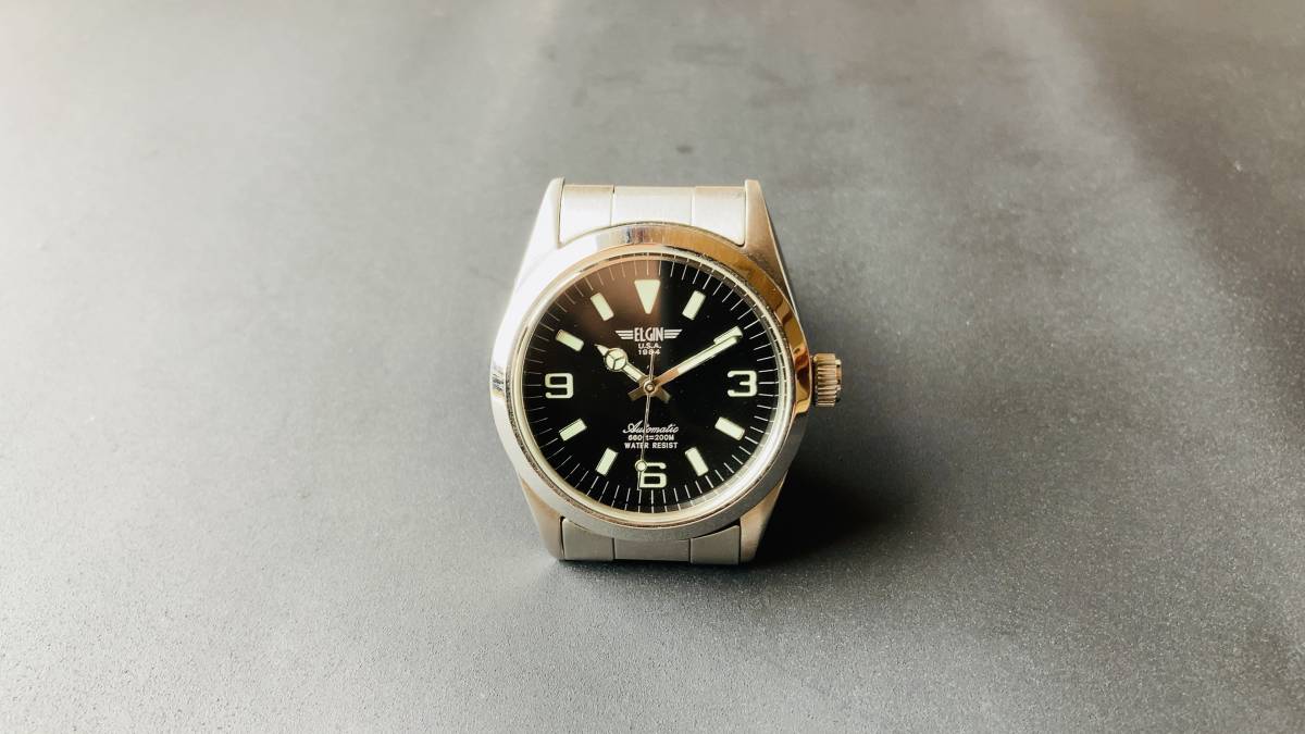 エルジン ELGIN メンズ 自動巻き 腕時計 200m防水 ブラック シルバー