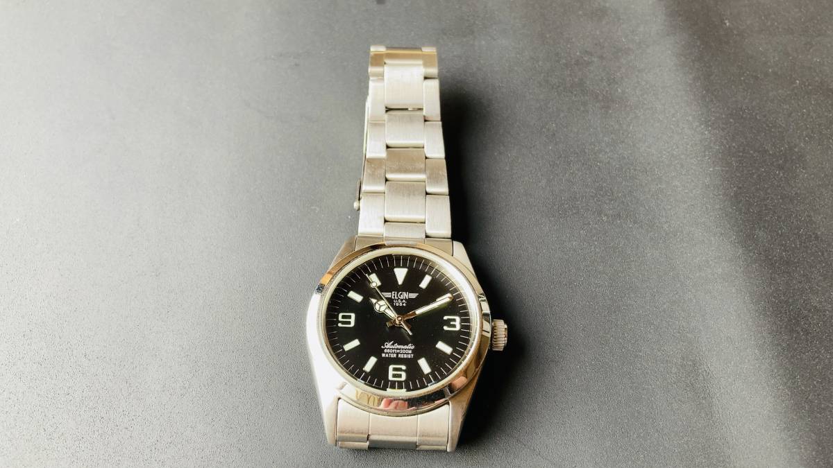 エルジン ELGIN メンズ 自動巻き 腕時計 200m防水 ブラック シルバー