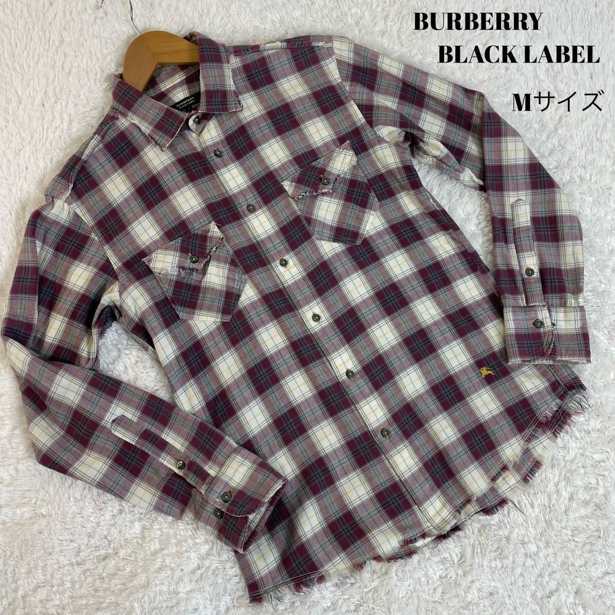 【本物保証，人気セール】 BURBERRY BLACK LABEL バーバリーブラックレーベル 山陽商会 シャツ ネルシャツ 長袖 フリンジ チェック シャドーホース 紫 白 グレー(Mサイズ)｜売買されたオークション情報、yahooの商品情報をア 長袖シャツ一般