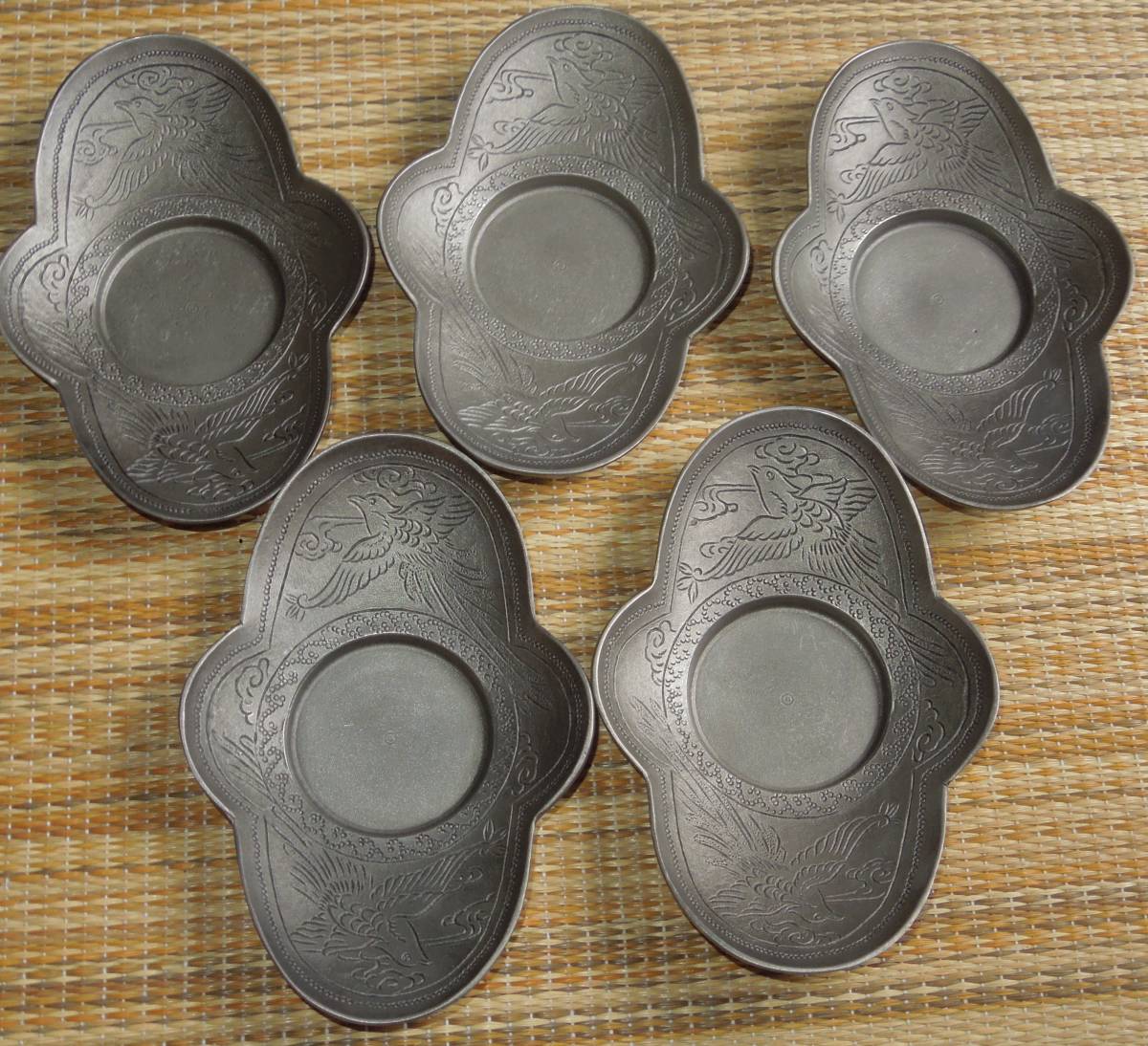 茶道具 錫・古錫 茶托 10客(5客＋5客) 1. 鳳凰文 約480g