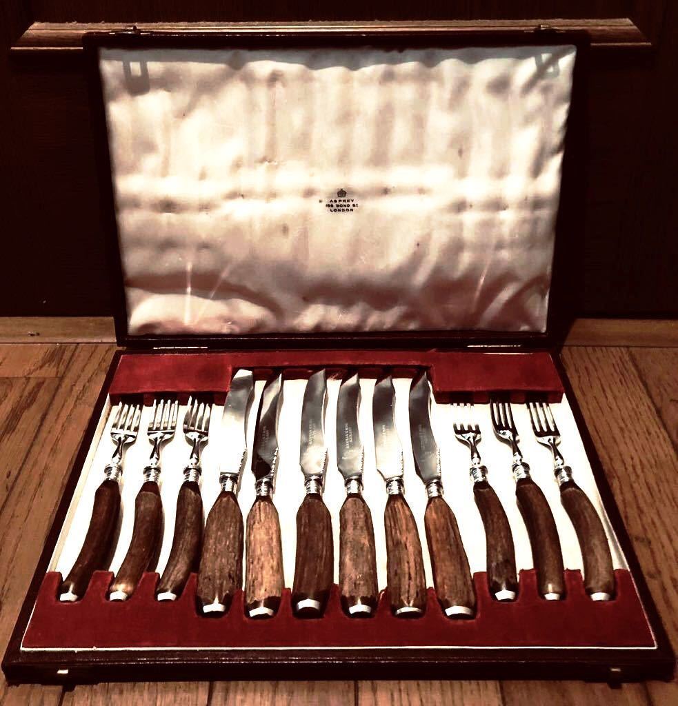 英国ビンテージ アスプレイ・ロンドン シルバーp&ホーン/角 スタッグ/雄鹿 ステーキナイフ＆フォーク12本 カトラリーセット/ASPREY&Co元箱 