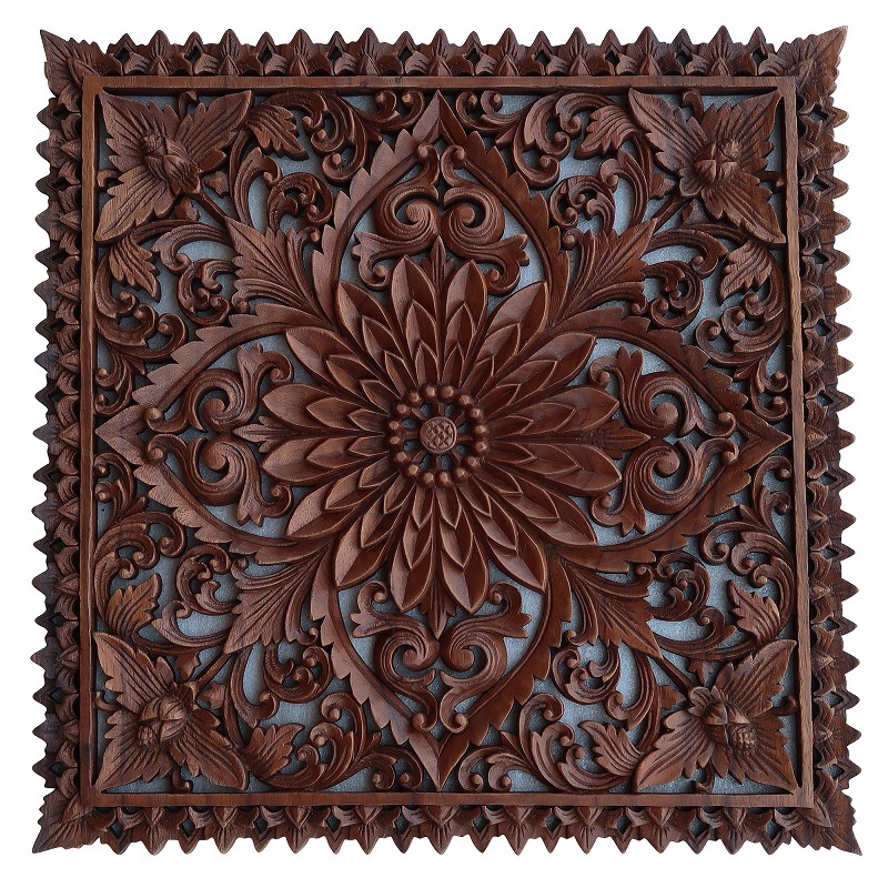 花の木彫りの壁掛けレリーフ 50X50 スワール無垢材 【壁掛け