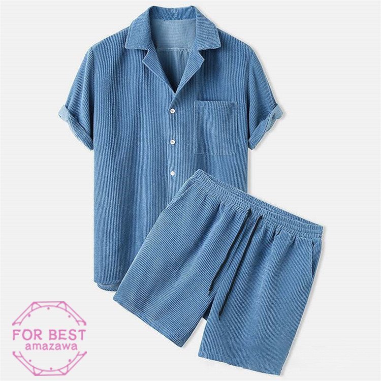 ハーフパンツ コーデュロイ 大きいサイズ 開襟シャツ 無地 上下セット メンズ セットアップ ジャージ 夏 半袖シャツ ハーフパン_10