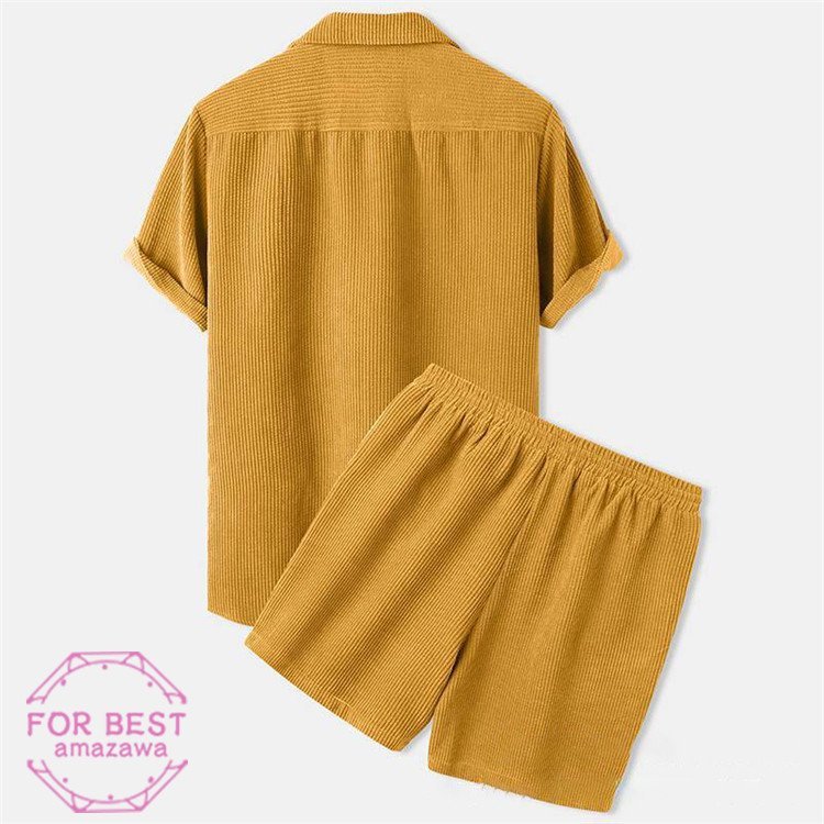 ハーフパンツ コーデュロイ 大きいサイズ 開襟シャツ 無地 上下セット メンズ セットアップ ジャージ 夏 半袖シャツ ハーフパン_7