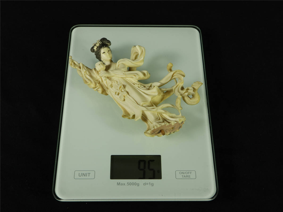 象牙風 天女 美品 彫刻置物 マンモス芯料 希少品 細密彫刻 マンモス 牙