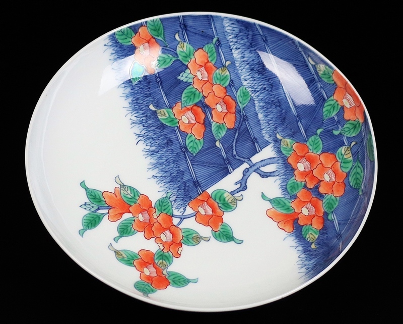 十二代今泉今右衛門】本人作 色鍋島椿画台皿 図録掲載同手作品！ 共箱