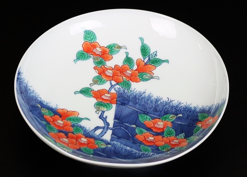十二代今泉今右衛門】本人作 色鍋島椿画台皿 図録掲載同手作品！ 共箱