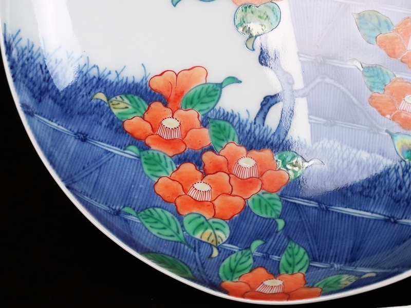 今泉今右衛門　色鍋島　椿　飾皿 十二代今泉今右衛門】本人作 色鍋島椿画台皿 図録掲載同手作品！ 共箱