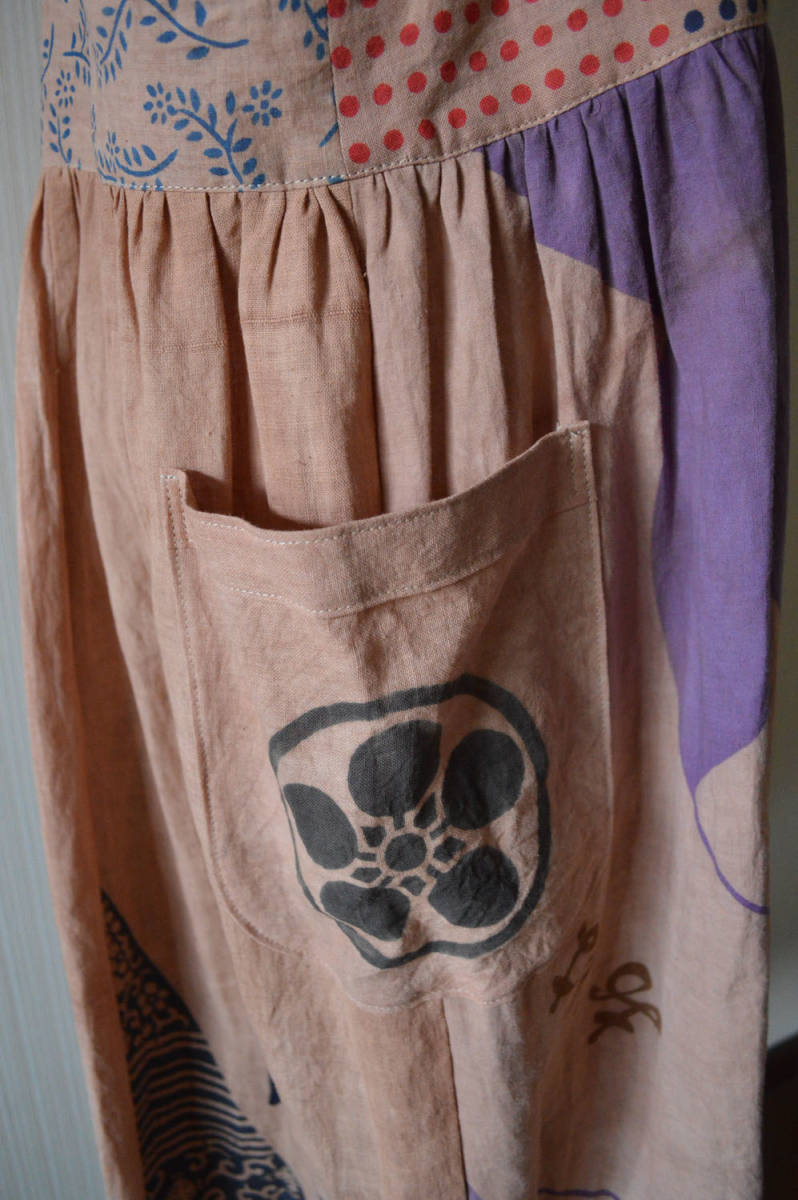 古布リメイク/柿渋染めのサロペットジャンパースカート・日本手ぬぐい  