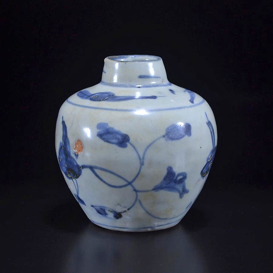 中国古玩 時代・古染付 唐草花卉文 小壺・唐物 唐物 明