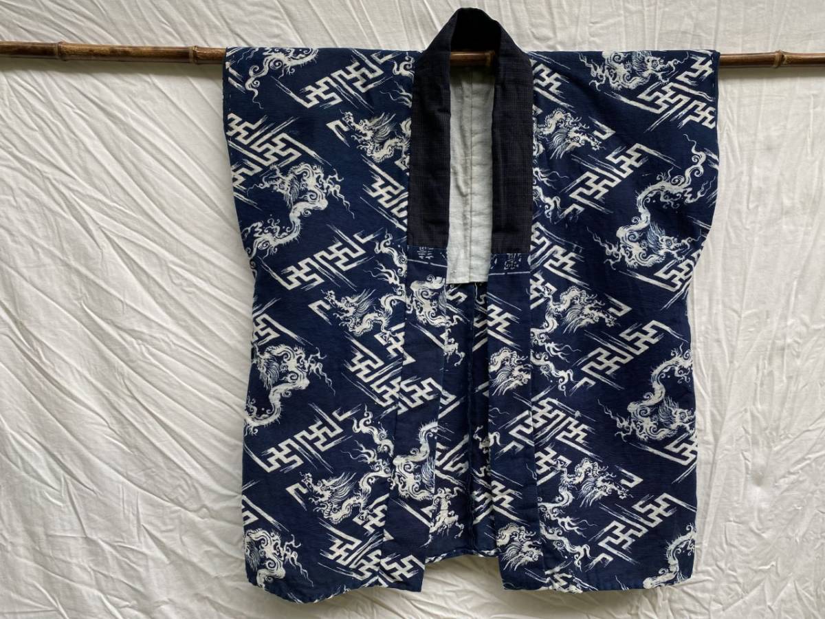 大正 昭和初期 戦前 戦後 総柄 龍 卍 もめん 古布 藍染 INDIGO BLUE 袖無し 襦袢 ジャパンヴィンテージ JAPAN VINTAGE 日本の古い服 40s50s