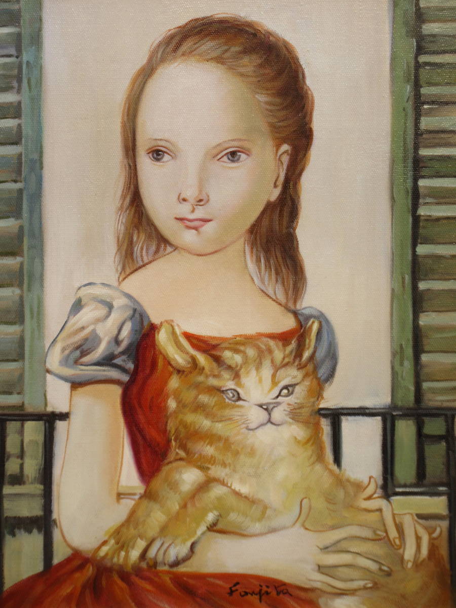F6号】藤田嗣治（仕立て屋の猫）手描き/表裏サイン有/油彩/裏シール
