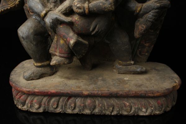 LIG】時代仏教美術 木彫彩色 千手歓喜仏 31㎝ チベット 時代古玩 [.U