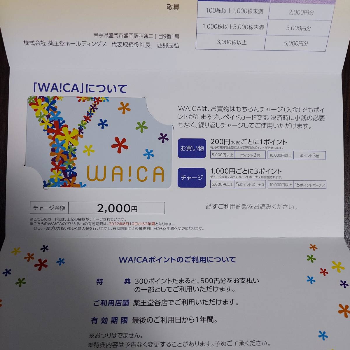 薬王堂 株主優待 WA!CA プリペイド 2000円カードx2枚 WAICAワイカ 14000円