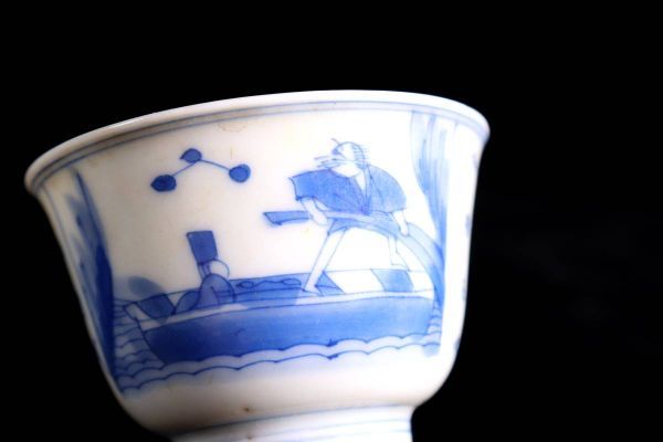◇錵◇ 中国古玩 天啓年製 染付人物漢詩図煎茶碗 6.5cm 5客 箱付 煎茶