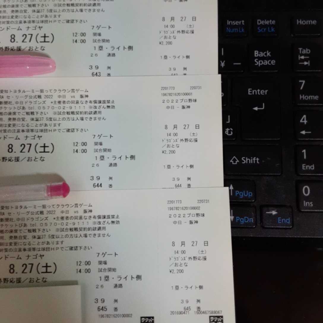8/27(土)☆中日VS阪神☆7ゲート☆26通路☆ライト側☆ドラゴンズ外野