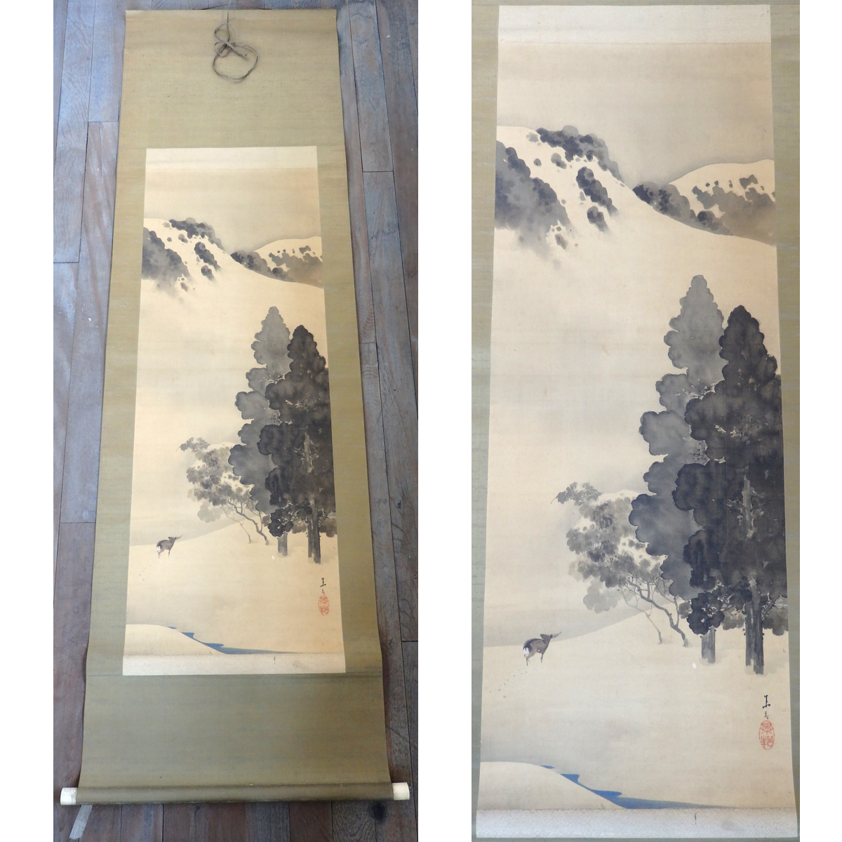 古い 掛軸 掛け軸 模写 景○ 遠山之雪 鹿