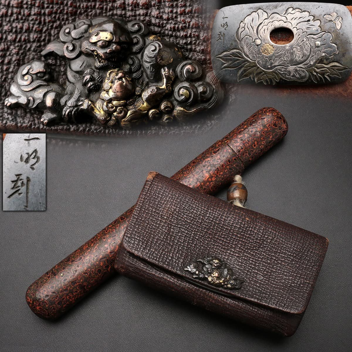 EC301 時代物 銅地金色絵親子獅子図前金具【一明刻】片切彫 牡丹蝶紋裏 