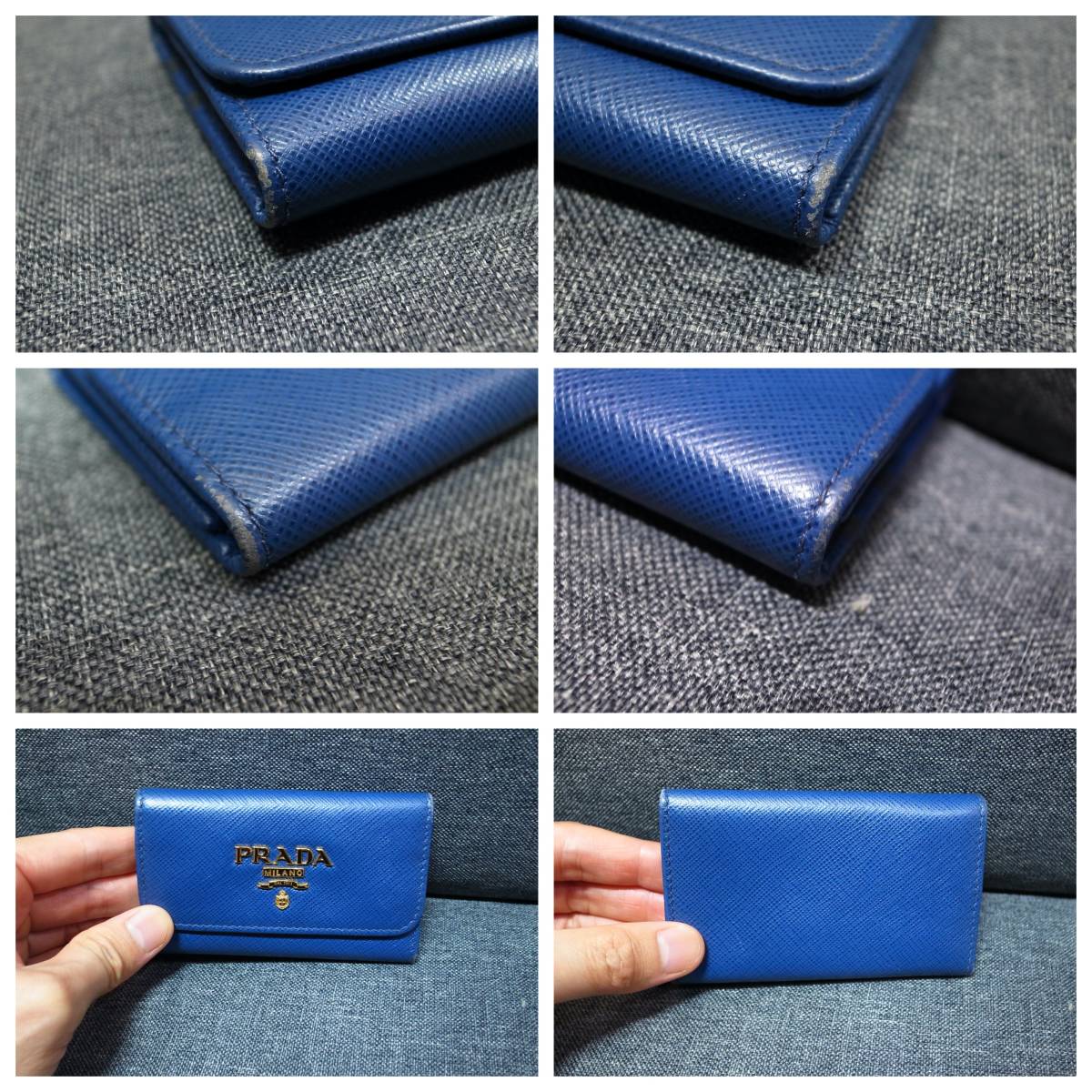 本物 プラダ PRADA サフィアーノ レザー 4連 キーケース ブルー