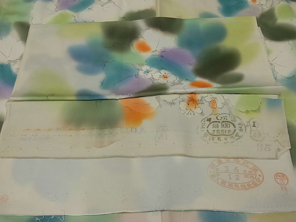 七福】m3742 正絹 小紋 花柄 染着尺 ちりめん 反物 着尺 未仕立て 反幅
