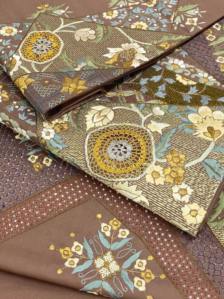 蘇州刺繍 相良刺繍 汕頭刺繍 袋帯 カラー芯 正絹 お太鼓柄 HRT006 蘇州刺繍 相良刺繍 汕頭刺繍 袋帯 七宝繋ぎ 金糸 正絹 お太鼓柄 銀煤竹色