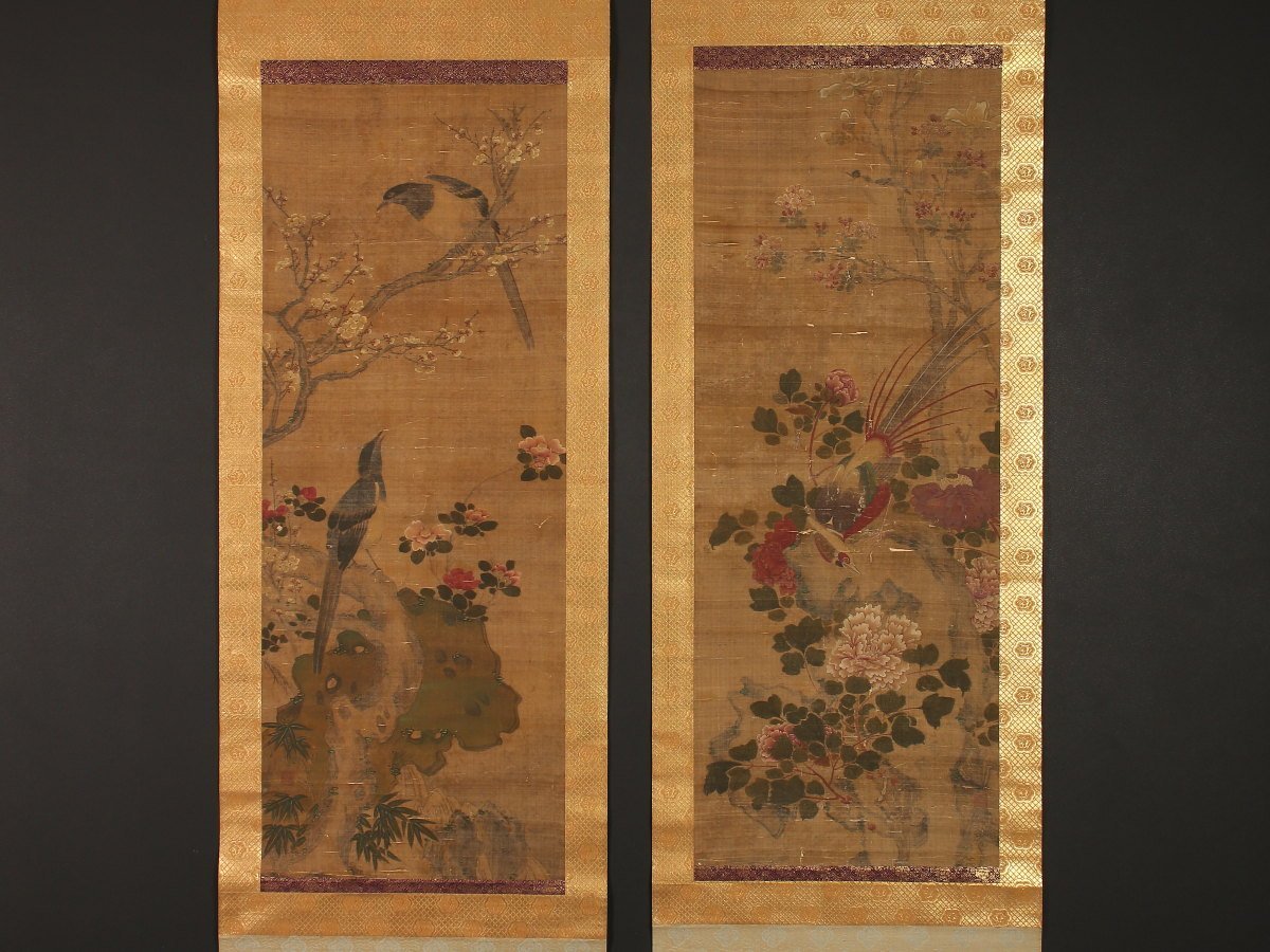 模写】【1円開始】【伝来】us2380〈呂紀〉双幅 花鳥図 古筆了意極箱