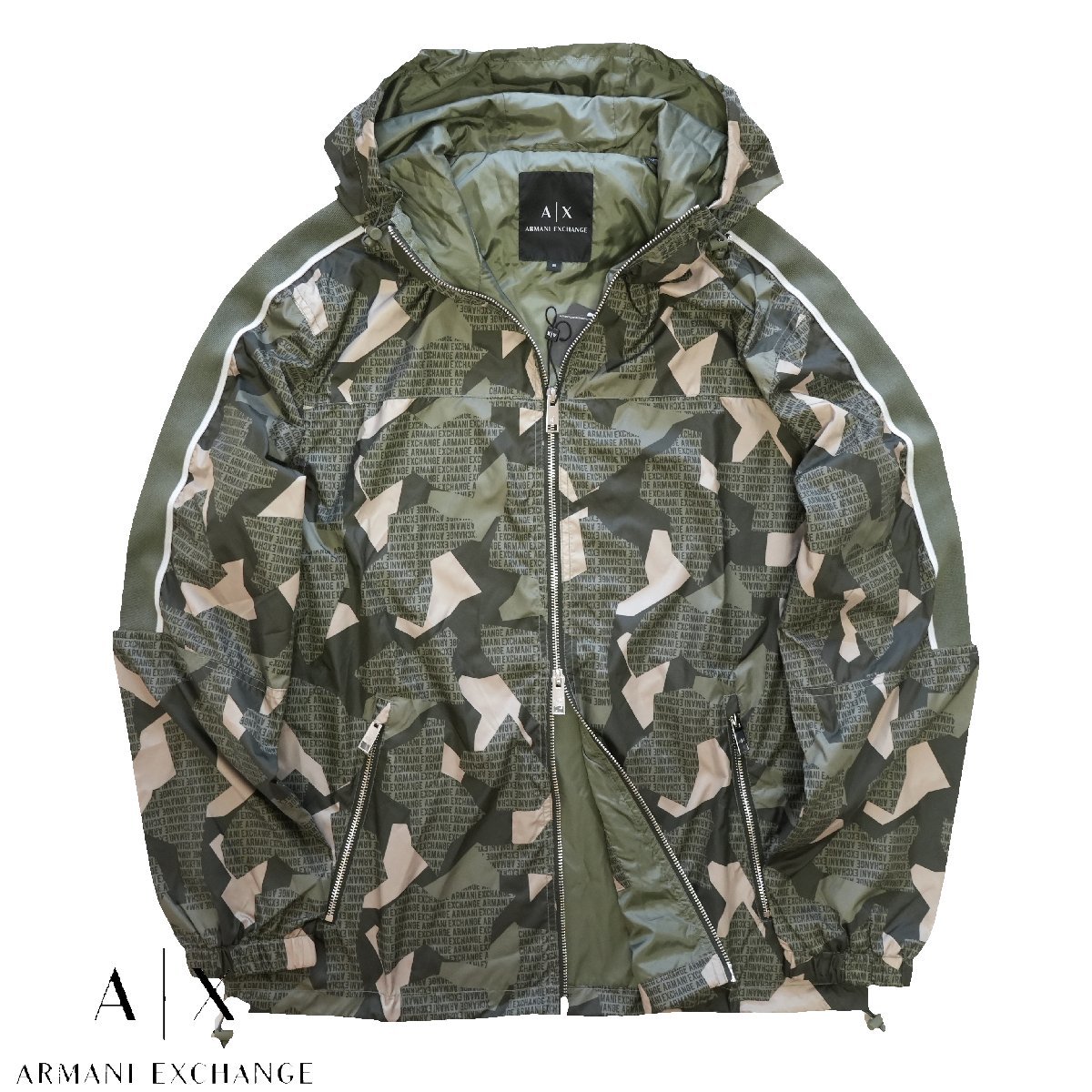 ◆新品◆アルマーニ◆3シーズン活躍!軽量 カモフラ 迷彩 ナイロンブルゾン ロゴ パーカー XL カーキ◆A|X ARMANI EXCHANGE サスティナブル